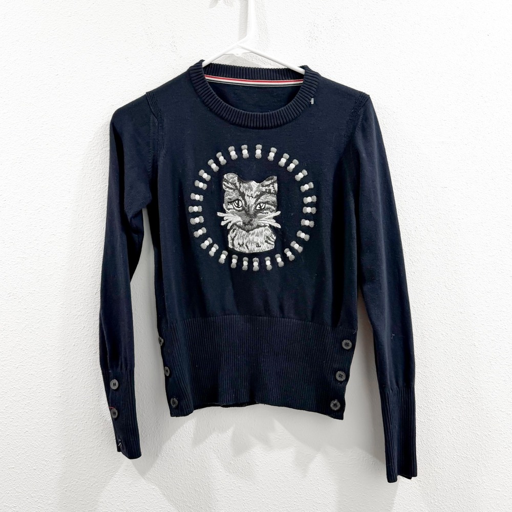 Thom Browne Unisex Merino Wool Old Money Navy Sweater Cat Crewneck Preppy XXS - Picture 4 of 7